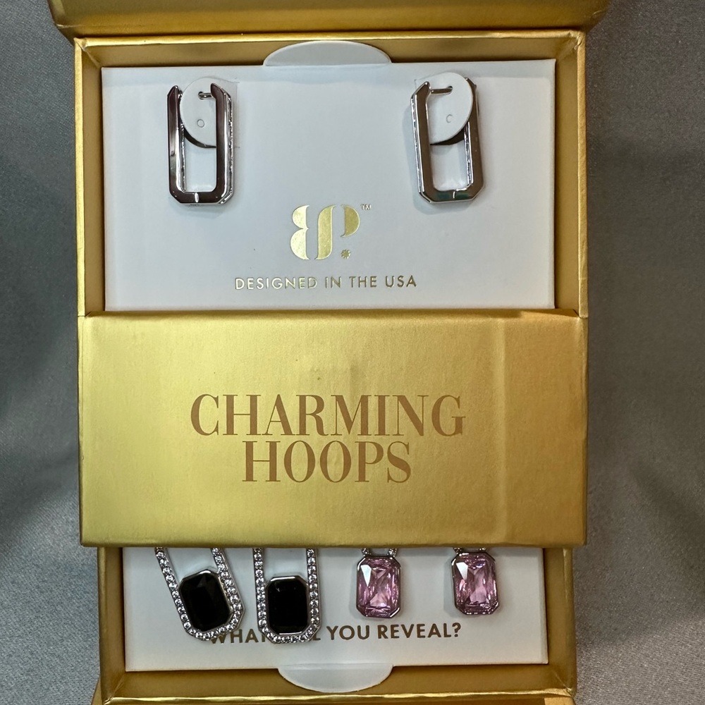 BP Silver Hoop Earrings with Clear Stones